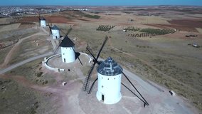 Aerial view of Windmills in Alcazar de San Juan, Ciudad Real, Spain. 4k Drone Video