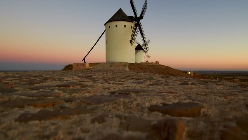 Aerial view of Windmills in Alcazar de San Juan, Ciudad Real, Spain. 4k Drone Video