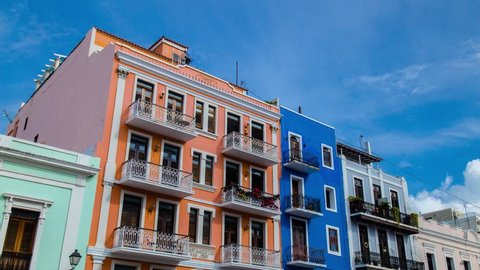 San Juan, Puerto Rico - July 28, 2018: Colorful houses time lapse in old San Juan colonial town