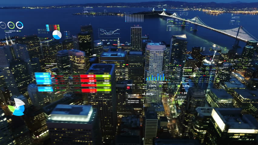Aerial view of San Francisco with financial charts and data. Futuristic city skyline. Big data, Artificial intelligence, Internet of things, VR. Stock exchange figures.