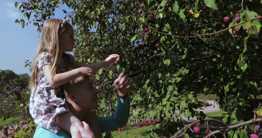 In the city park, a girl child sitting on her dad