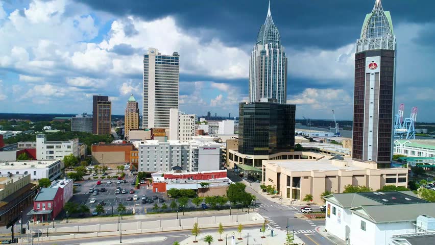 Drone Aerial of Downtown Mobile Alabama AL Skyline