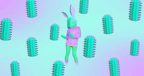 Fashion animation design. Dancing Bunny Freak. Cactus background. Ideal for Night club Party