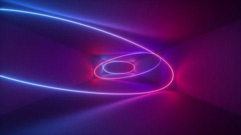 3d render, abstract background, neon rays, oval shapes appearing inside tunnel, seamless corridor, glowing lines, fluorescent ultraviolet light, blue red pink purple spectrum, looped animation
