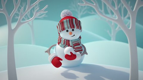 3d render, cute funny snowman wearing red hat and scarf, throwing snowball, standing in snowy forest, winter Christmas background, New Year greeting card, festive character, blank space for text