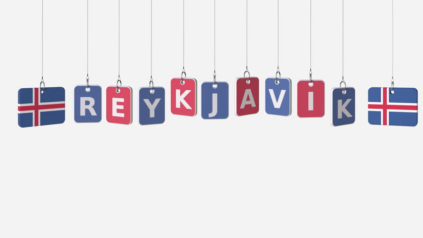 Hanging plates with flags of ICELAND and Reykjavik caption. Conceptual animation with alpha matte