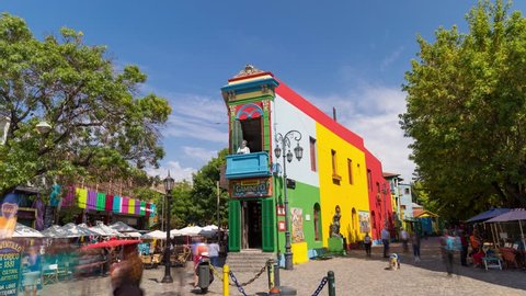 Buenos Aires, Argentina - April 2, 2018: Colorful building and tourist time lapse hyperlapse in La Boca Caminito