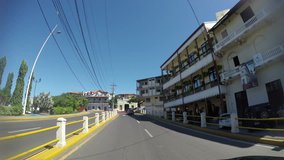 Panama - Oct 7, 2018: POV of a street and buildings in Casco Viejo in Panama City Panama. Casco Viejo is the historic district of Panama City on Oct 7, 2018.