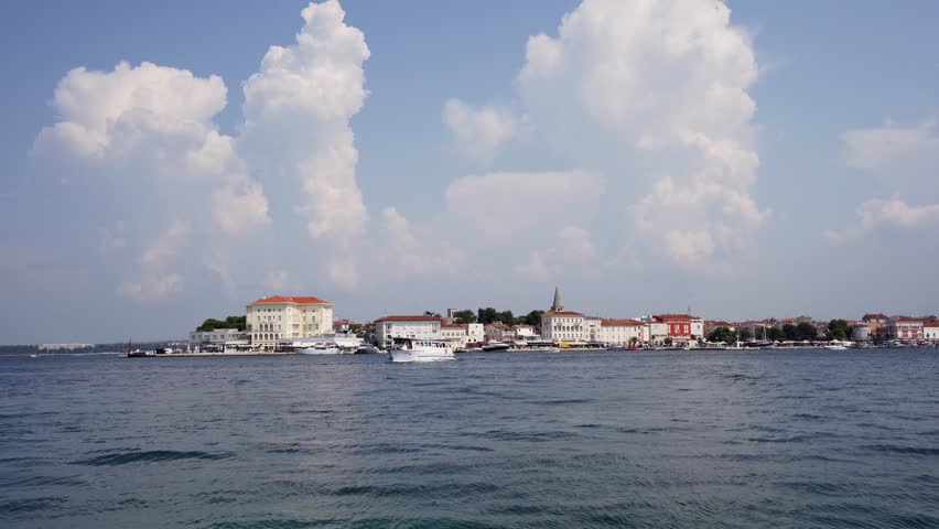 View of boat sailing in from of Pore?, Parenzo, Croatia