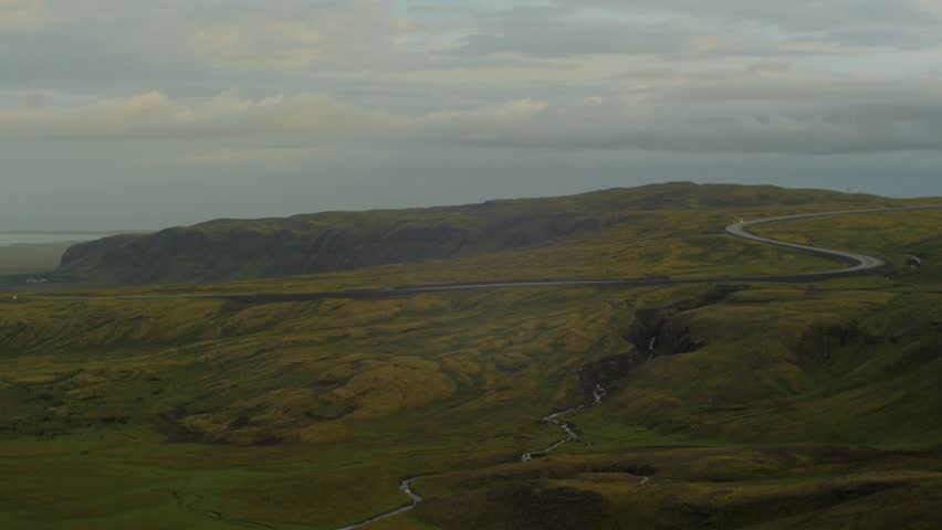 beautiful iceland landscape during sunset, camera movement, camera pan from left to right with a medium telephoto lens