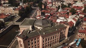 Aerial footage of Sarajevo City Hall,   National Library, destroyed in 1992.