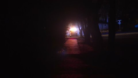 Handheld shot of American police car flashing lights on suburban street