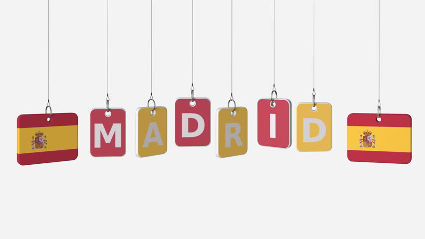 Flags of SPAIN and Madrid text on hanging plates. Alpha matte for simple background change