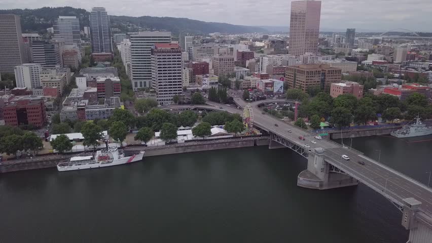 aerial view of Morrison bridge and waterfront park in Portland Oregon.
