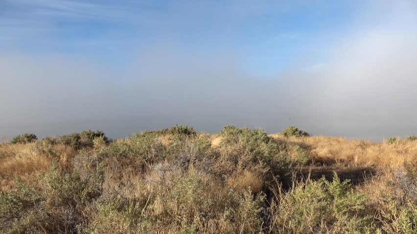 Inversion moving over desert lake on a cold day thinning as the sun comes up