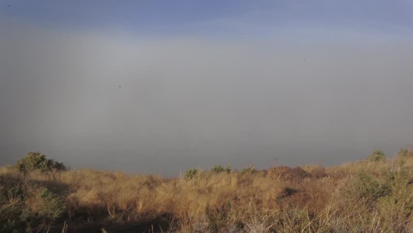Inversion moving over desert lake with birds in the water
