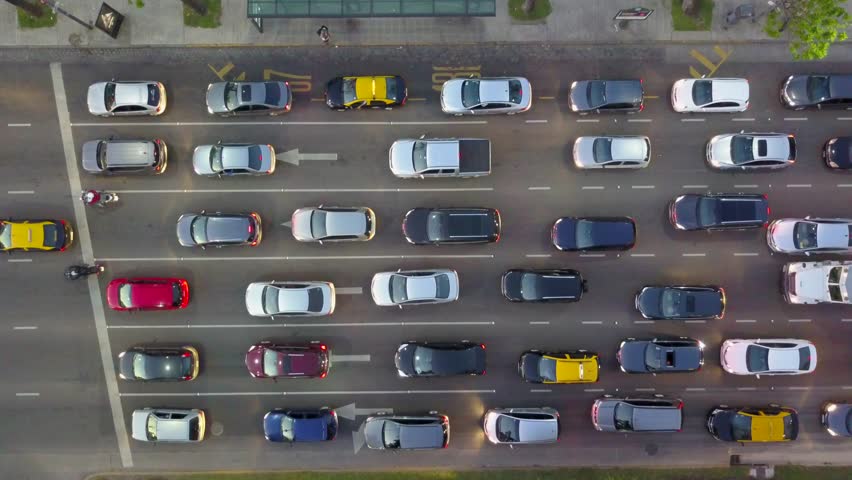 Dense Traffic at Rush Hour in Libertador Avenue, Buenos Aires, Argentina - Aerial  Top View. 