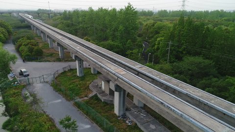 Shanghai magnetic levitation (maglev) train departure for Pudong airport.This train link Pudong international airport with Shanghai downtown area.