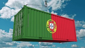 Loading cargo container with flag of Portugal. Portuguese import or export related conceptual 3D animation - Powered by Shutterstock - Get 15% off with code: PIKWIZARD15