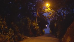 Defocused video backdrop of dark road in Costa Rica with trees and lightning. Out of focus background plate of empty dirt street in rural area during thunderstorm. 4k