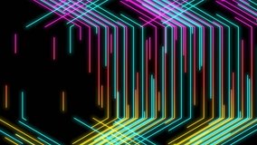 Abstract Line hexagon lighting moving pink yellow and blue color, technology network digital data transfer concept design, glowing on black background seamless looping animation 4K with copy space