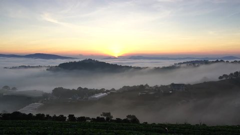 AERIAL 4K: Flight over mountain road and the greenhouse  with fog clouds sun rise on mountain in fog in area of Dalat, Vietnam