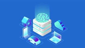 Artificial Intelligence digital Brain future technology flat isometric seamless looping animated concept. Laptop Electric Car Smartphone Brain House objects of AI video with alpha.