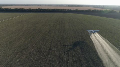 old propeller plane flies over green field with wheat and makes fertilizer spraying into agricultural in aerial view