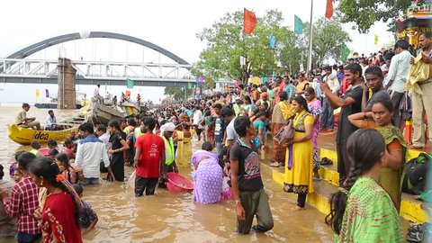 People Bathing in the River at Carnival Andhra Pradesh India 20th Jan 2018