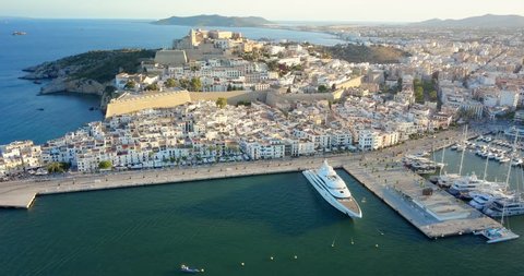 Aerial View Ibiza Harbor Waterfront and Old Town