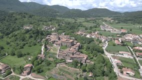 Aerial view from a Drone in Santa Pau, village of Girona, Catalonia.Spain. 4k Video
