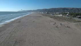 Aerial view by drone in beach of Barcelona. Castelldefels. Spain. 4k Video