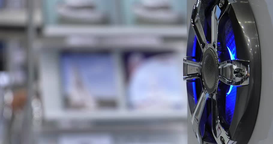 Modern design. Blue speaker. 4K, UHD, 50p, Cinematic,Closeup, 						