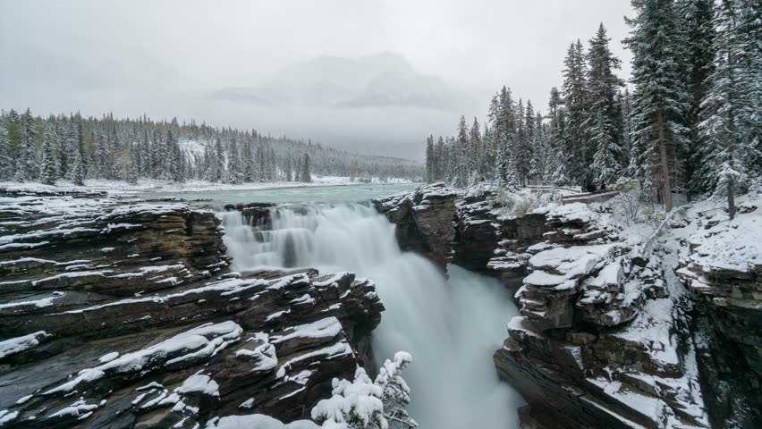 4K Timelapse Athabasca Falls and river in Canada on the icefield parkway which is a famous wonderful tourist route across the Canadian rockies and the water colour is unbelievably ice blue