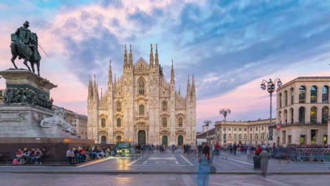 Time Lapse of People at Duomo di Milano or Milan Cathedral in city of Milan The famous Milan Cathedral timelapse hyperlapse (Duomo di Milano) and monument to Victor Emmanuel II on the Piazza del Duomo