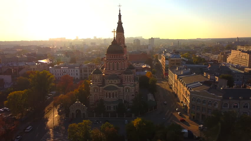 AERIAL: view on the Annunciation Cathedra,is the main Orthodox church of Kharkiv, Ukraine