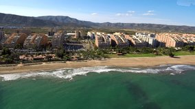 Aerial view of beach in Marina d´Or, Oropesa de Mar, Castellon. Spain. 4k Drone Video