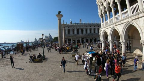Venice, Veneto, Italy, October 2018 -Tourists, bridges, canals, boats, monuments and historic buildings of Venice