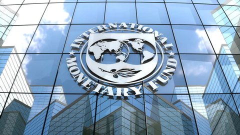 October 2018, Editorial use only, 3D animation, International Monetary Fund logo on glass building.