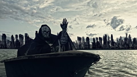 Mythical characters float on a boat on the river. Apocalypse.