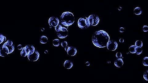 Dark Blue flying bubbles background. Motion footage composition with dark blue bubbles on black background. Abstract background consisting of moving luminous particles