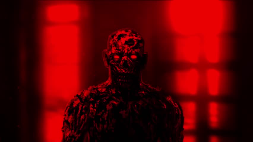 Grim zombie apocalyptic face. Animation in horror fantasy genre. Gloomy animated short film. Evil demon with luminous eyes. Scary ghost in haunted castle. Dead man in room. Red and black background. Royalty-Free Stock Footage #1017812782