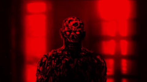 Grim zombie apocalyptic face. Animation in horror fantasy genre. Gloomy animated short film. Evil demon with luminous eyes. Scary ghost in haunted castle. Dead man in room. Red and black background.