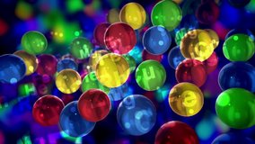 An exciting 3d rendering of transparent colorful balls with the symbols of chemical elements located nearby soaring up and down, in the dark blue background in seamless loop. - Powered by Shutterstock - Get 15% off with code: PIKWIZARD15