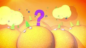 A childish 3d rendering of a sunny autumn landscape with yellow hills, fir trees, orange lawns, flying letters and pc symbols and golden sky with white clouds, big question mark in seamless loops. - Powered by Shutterstock - Get 15% off with code: PIKWIZARD15