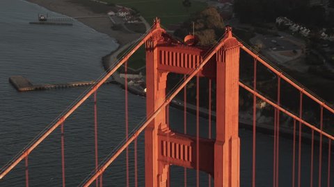 San Francisco Circa-2016, telephoto aerial view orbiting the Golden Gate Bridge at sunset