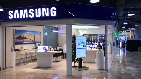 BANGKOK - DEC 2017: Samsung store in the Pantip Plaza mall. Since 1990 Samsung has increasingly globalized its activities and electronics. As of 2017, Samsung has the 6th highest global brand value.