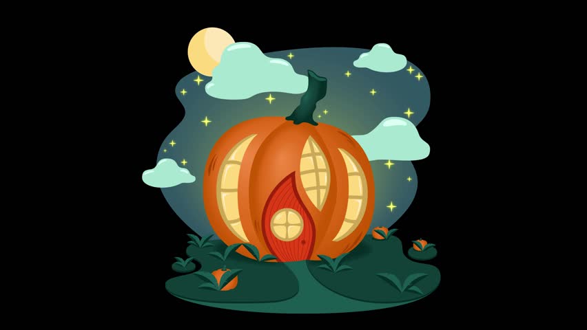 Video pumpkin house for Halloween. Pumpkin house with holy windows against the background of the night sky with a crescent moon. Black background.