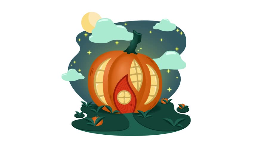 Video pumpkin house for Halloween. Pumpkin house with holy windows against the background of the night sky with a crescent moon. White background.