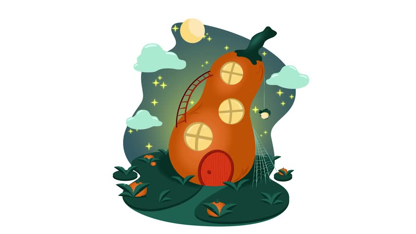 Video pumpkin house for Halloween. Pumpkin house with holy windows against the background of the night sky with a crescent moon. White background.